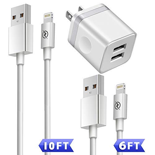 ARCCRA Phone Charger Cable 6ft + 10ft and Dual USB Wall Plug Charging Block Adapter Compatible with iPhone Xs/XR/X 8/7/6/Plus SE/5S/5C (3in1 Pack)
