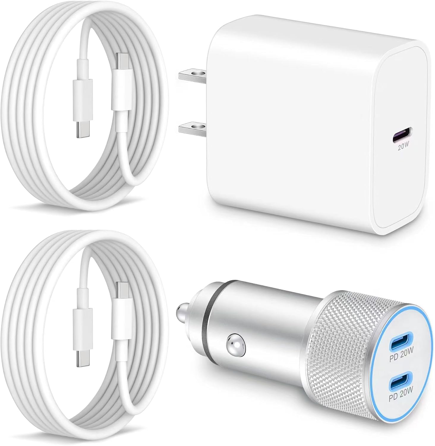 iPhone 15/15 Pro Max Fast Car Charger, 20W USB C Wall Charger Block & 40W Dual Port USB C Car Charger for iPhone 15/15 Plus/15 Pro Max, Pad Pro/Air/Mini, AirPods Pro with 2Pack 3FT USB C to C Cable