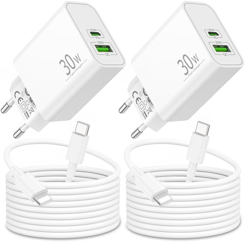 30W 2-Port Schnellladegerät Ladekabel für iPhone 14 13 12 11 Pro Max Plus Mini, iPhone XS XR X SE 8 7 6, iPad, AirPods, Schnellladekabel Ladegerät Charger USB-C USB-A Netzteil mit 2M Kabel (4Pack)