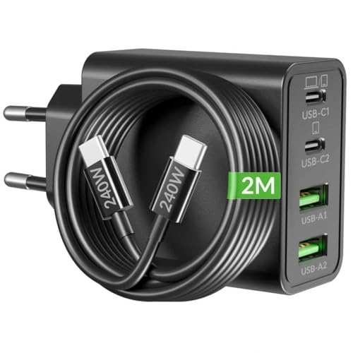 65W USB C Ladegerät, 4-Port GaN Netzteil PD/PPS Mehrfach Schnellladegerät Laptop Charger mit Typ-C 2M Ladekabel für MacBook Pro/Air, iPad, iPhone 17e/17/16, 60W Samsung S26 S25, Dell HP Chromebook