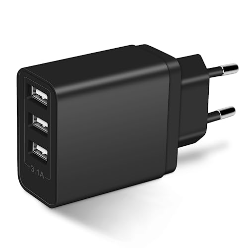ARCCRA Mehrfach USB Stecker, 3-Port USB Charger Adapter Netzteil Steckdose Plug 5V 3,1A 2A/1A Ladegerät Ladestecker für Samsung, iPhone, iPad, Xiaomi, Tablet, Handy, Schwarz
