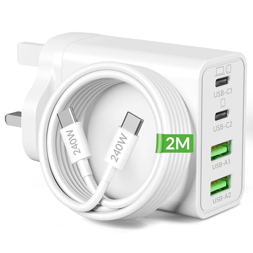 65W 4-Port USB C Charger for MacBook Pro 16 15 14 13 inch, MacBook Air/Neo 13 inch, iPad, iPhone 17/16/15, Samsung S25 S26, GaN PD/PPS Super Fast Charging Plug UK Laptop Charger + 240W 2M Type C Cable