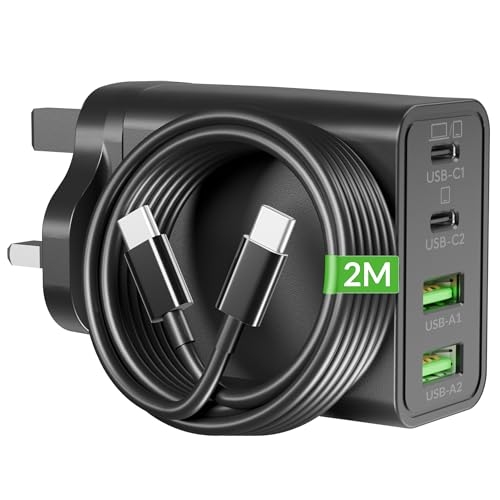65W 4-Port USB C Charger, GaN PD/PPS Super Fast Charging Multi Wall Plug UK Laptop Charger + 60W 2M Type C Cable for MacBook Pro/Air, iPad, iPhone 17e/17/16, Samsung S26 S25 S24, Chromebook Dell HP