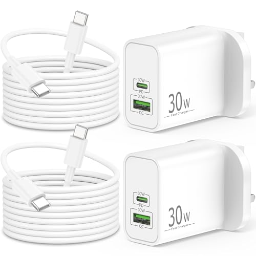 30W 2-Port Charger for iPhone 17e 17 16 15 Pro Max Plus 16e, iPad 11th 10th A16, Google Pixel 10 9 8 Pro XL, Fast Charging USB C, Max 40W (30W+10W) Plug UK Wall Adapter Block + 2M Charger Cable 2Pack